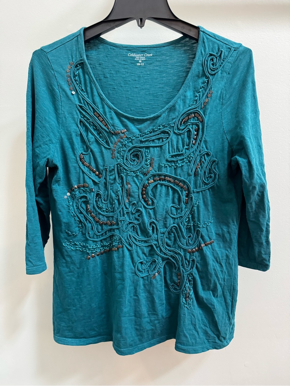 Teal 100% Cotton Embroidered Beaded Boho Festival Blouse Coldwater Creek